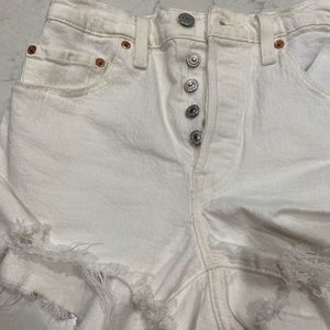Levi 501 Winter White button fly shorty distressed shorts with frayed hem